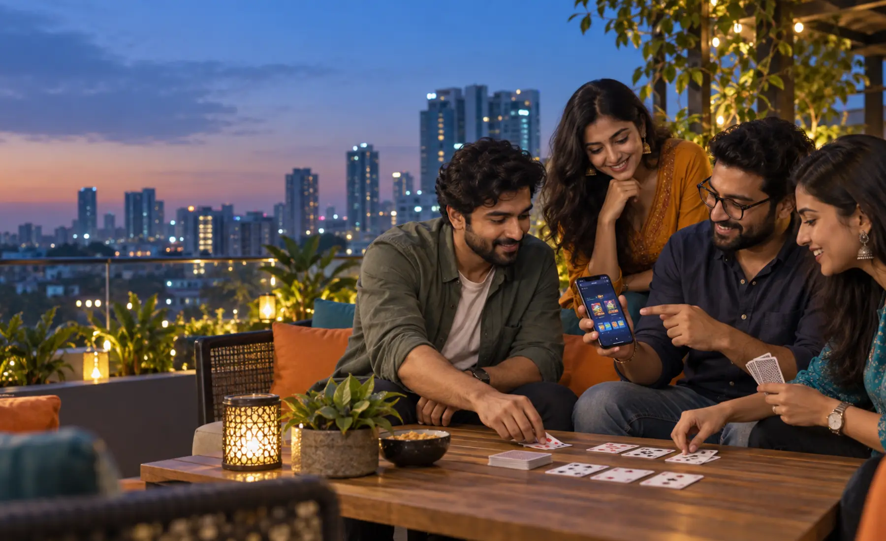 Indian family and friends enjoying traditional games in a Bengaluru rooftop gathering at blue hour